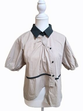 Mayonez Asymmetrical Blouse Beige Green Collar Puff Sleeve